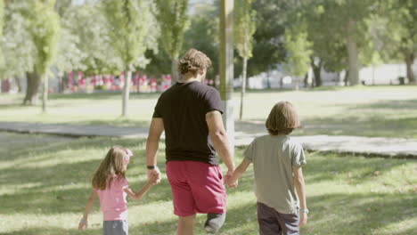 Back-view-of-dad-with-artificial-leg-walking-with-kids-in-park